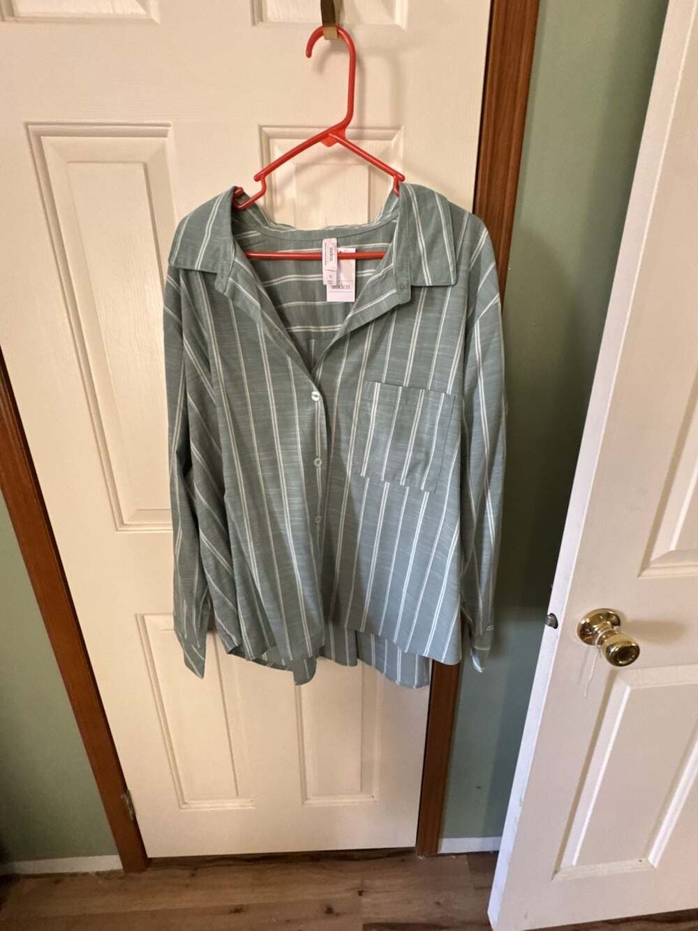 Auden Sleepwear Pajama Shirt Size 2X Green White Striped Long Sleeve Top